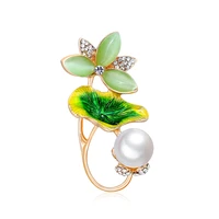 tulx simulated pearl crystal lotus flower brooches women alloy rhinestone green enamel leave flower weddings banquet brooch pins