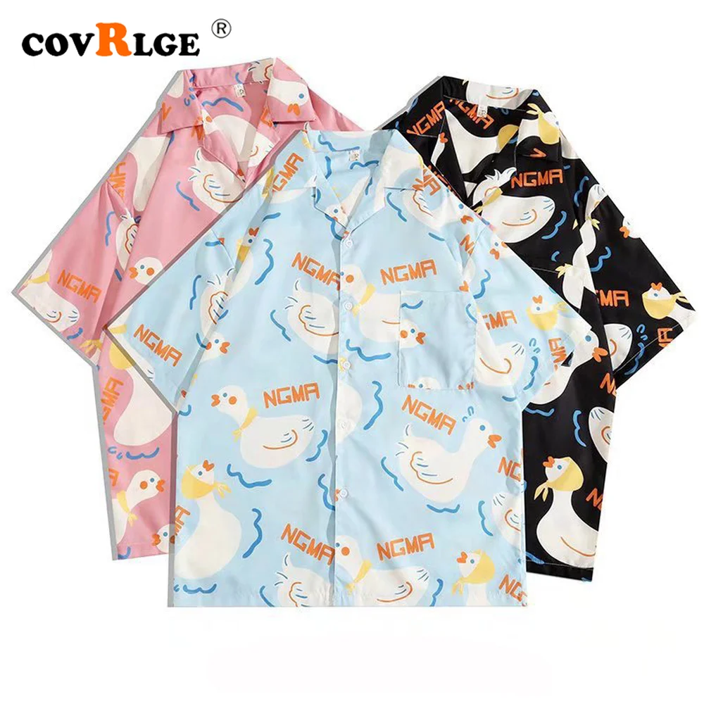 ERIDANUS Cartoon Cute Duck Printing Couples Short-sleeved Pocket Shirt Ins All-match Loose Design Niche Men's Shirt MCS196