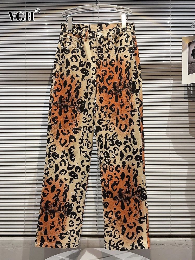 

VGH Leopard Denim Wide Leg Pants For Women High Waist Patchwork Pockets Chic Loose Full Length Trousers Female Fashion Style New