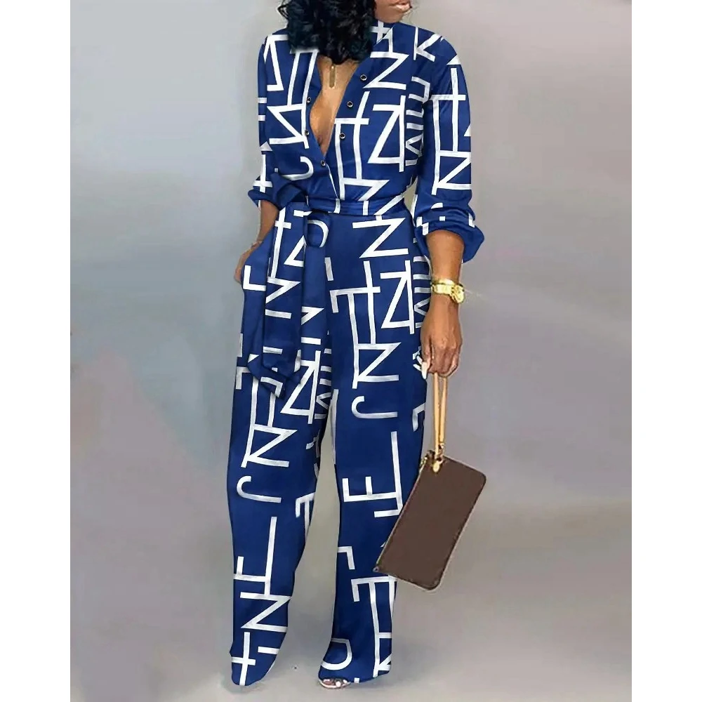 Spring Auttum Women Loose Letter Print High Waist Straight Jumpsuits Holiday Casual Femme Single Breasted Belt Long Sleeve Cloth