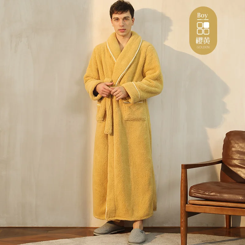 Men's Winter Bathrobe Long Sleeve Warm Turn Down Collar Man Fluffy Bath Robe With Sashes Solid Fleece Dressing Gown For Male images - 6