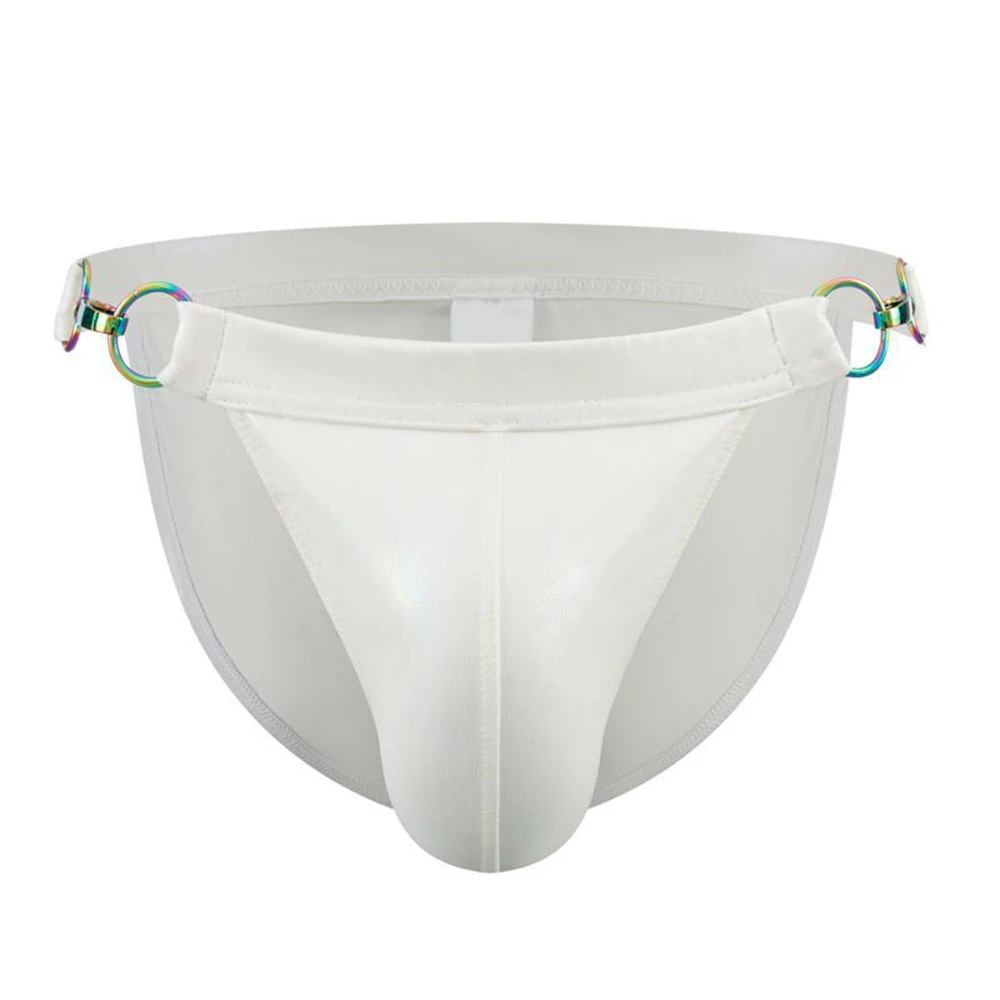 

Men Underwear Removable Briefs Gay Underpants Wet Look Panties Metal Buckle PU Leather Trunks Cock Pouch Bulge Knickers