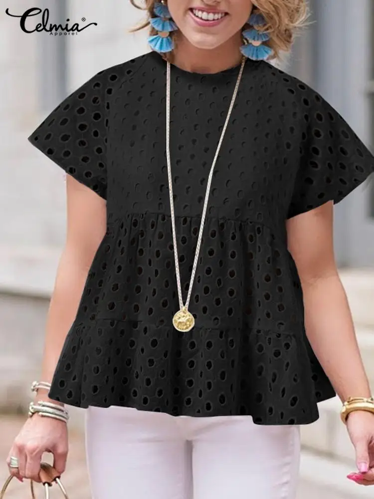

Celmia 2022 Summer Cotton Tunic Tops Solid Stitching Casual Hollow Out Lace Peplum Shirts Short Sleeve Round Neck Women Blouses