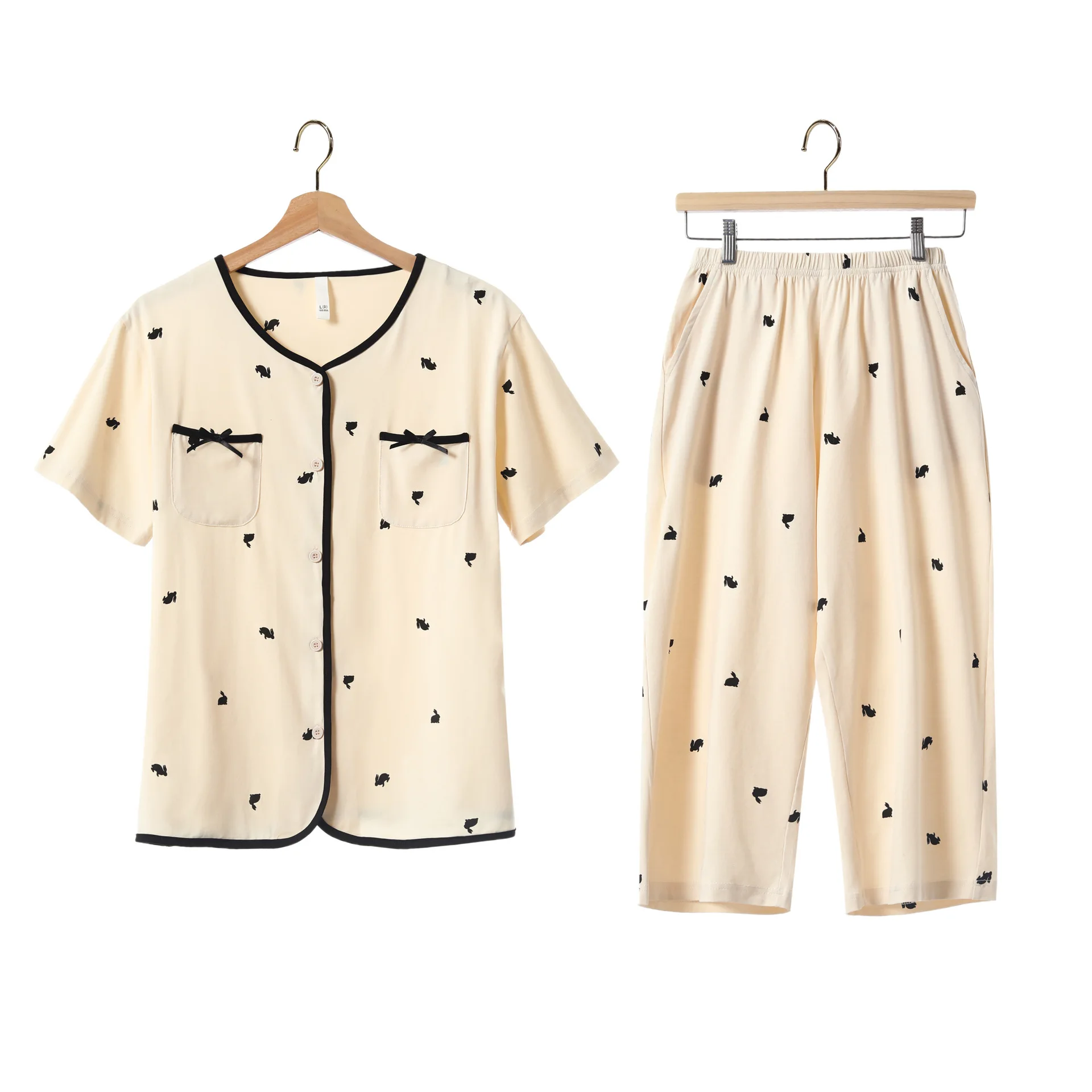 New Pajamas for Women's Summer Thin Pure Cotton Short-sleeved Cropped Pants Home Service Suit Comfortable and Casual Sleepwear