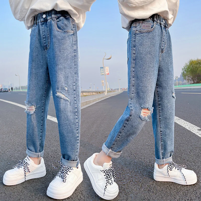 

Summer New Girls Jeans Teen Kids Casual Fashion Ripped Denim Trousers Children Blue Spring Casual Denim Pants 3 4 9 10 12 13 14Y