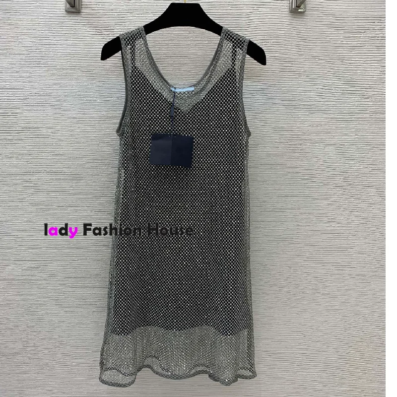 

2022 summer new luxury design heavy industry hot drill fashion sexy mesh hollowed out vest skirt dress + sexy suspender lining