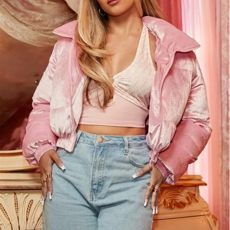 2022 Autumn and Winter Warm Long-sleeved Silky Soft Velvet Zipper Stand-up Collar Jacket Loose Bubble Coat Women's Clothing