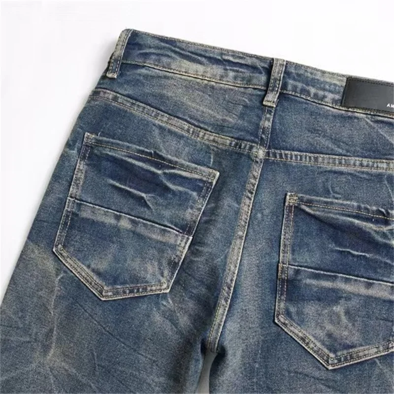 Seasonal Embroidered Jeans for Men Slim Fit Splicing Micro Seal LO Elastic Slim Fit High Street Tears Scratched Luxury Straight