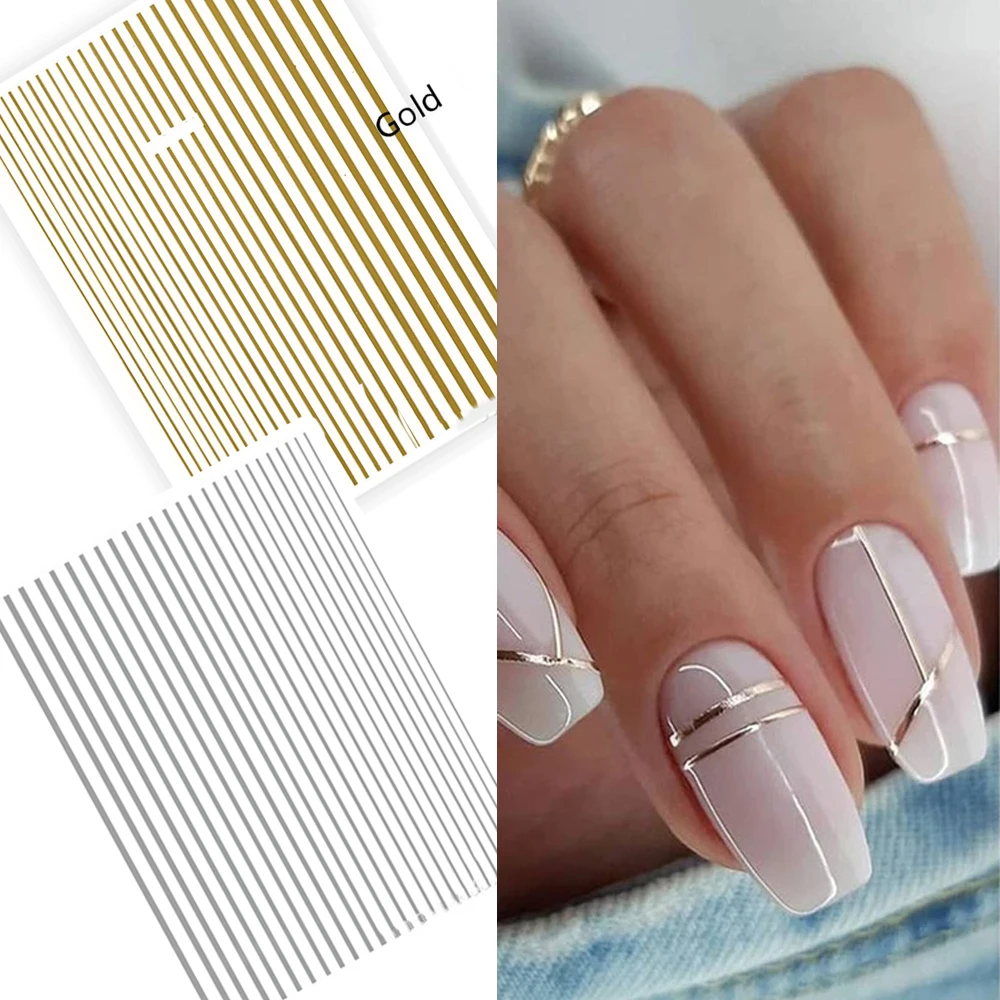 1Pc Silver Gold Lines Stripe Nail Sticker Decals Metal Strip Luxury Nails Slider 3D Self Adhesive Design Nail Art Stickers Paper