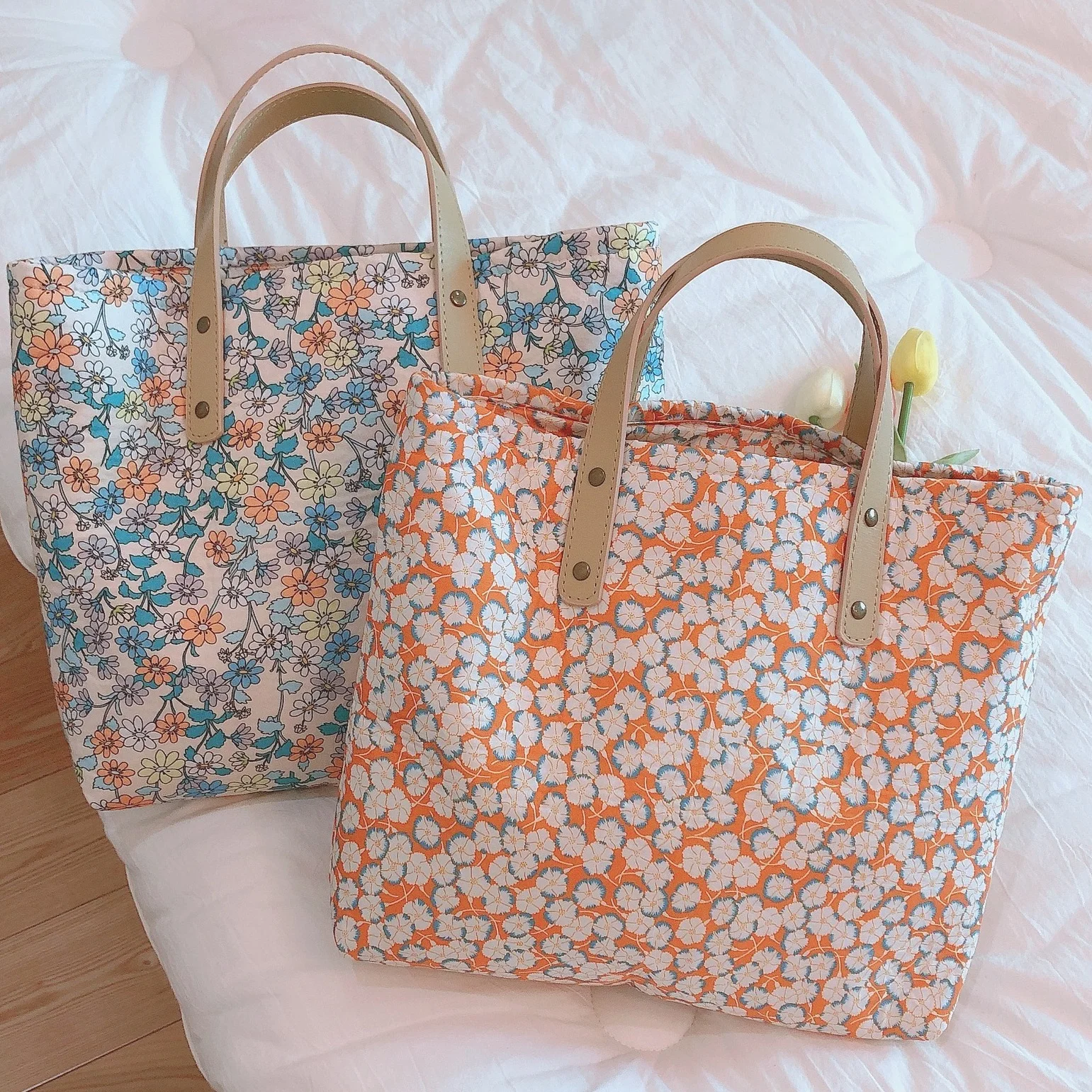 

Korean Cotton Floral Women Hand Bag Shopper Designer Handbags High Quality Square Student Bookbag Totes Zipper Cloth Mommy Bags