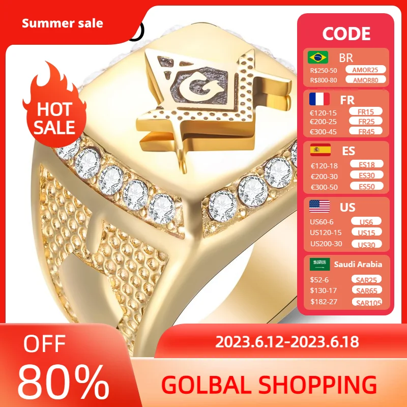New Arrival Bling CZ Crystal Men Rings With Freemason Masonic Free Mason Signet 316L Stainless Steel Gold Color Jewelry For Men