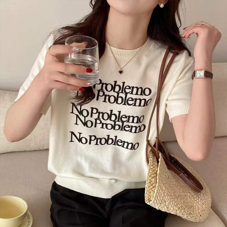 

2000s Aesthetics O-neck Letter Print T-shirt Summer Knitted Short Sleeve Tee Shirt Y2k Kpop All-match Bottoming Tops Women