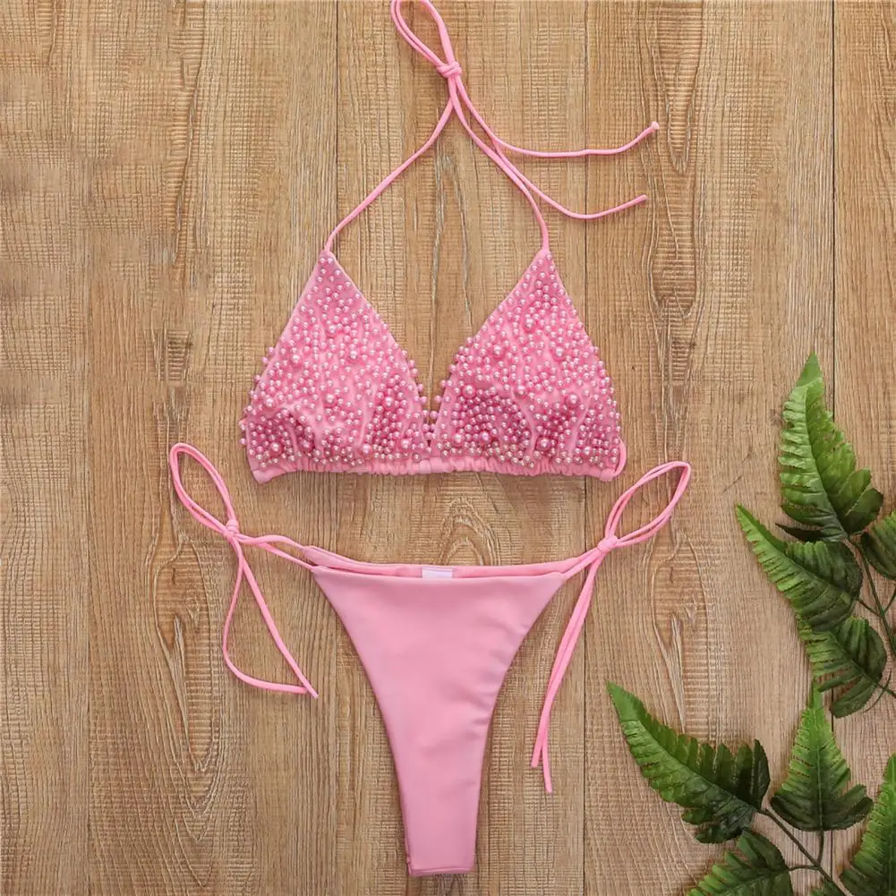 

2Pcs Swimwear Imitation Pearl Bikini Set Women Charming Mini Bikini Set