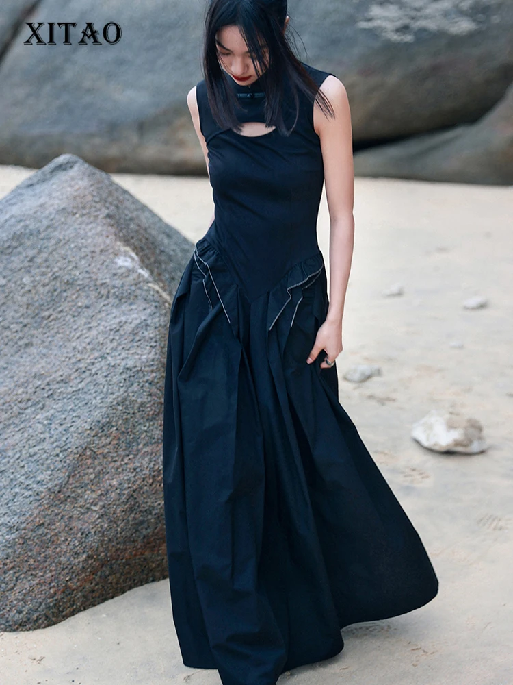

XITAO Vintage Hollow Out Patchwork Dress Pullover Solid Color Sleeveless 2023 Summer New Casual Fashion All Match WLD16491