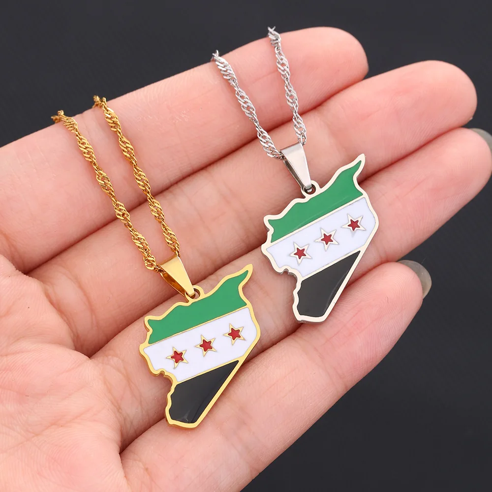 

New fashion Free Syrian Army map and flag pendant necklace male and female couples titanium steel pendant collarbone chain ornam