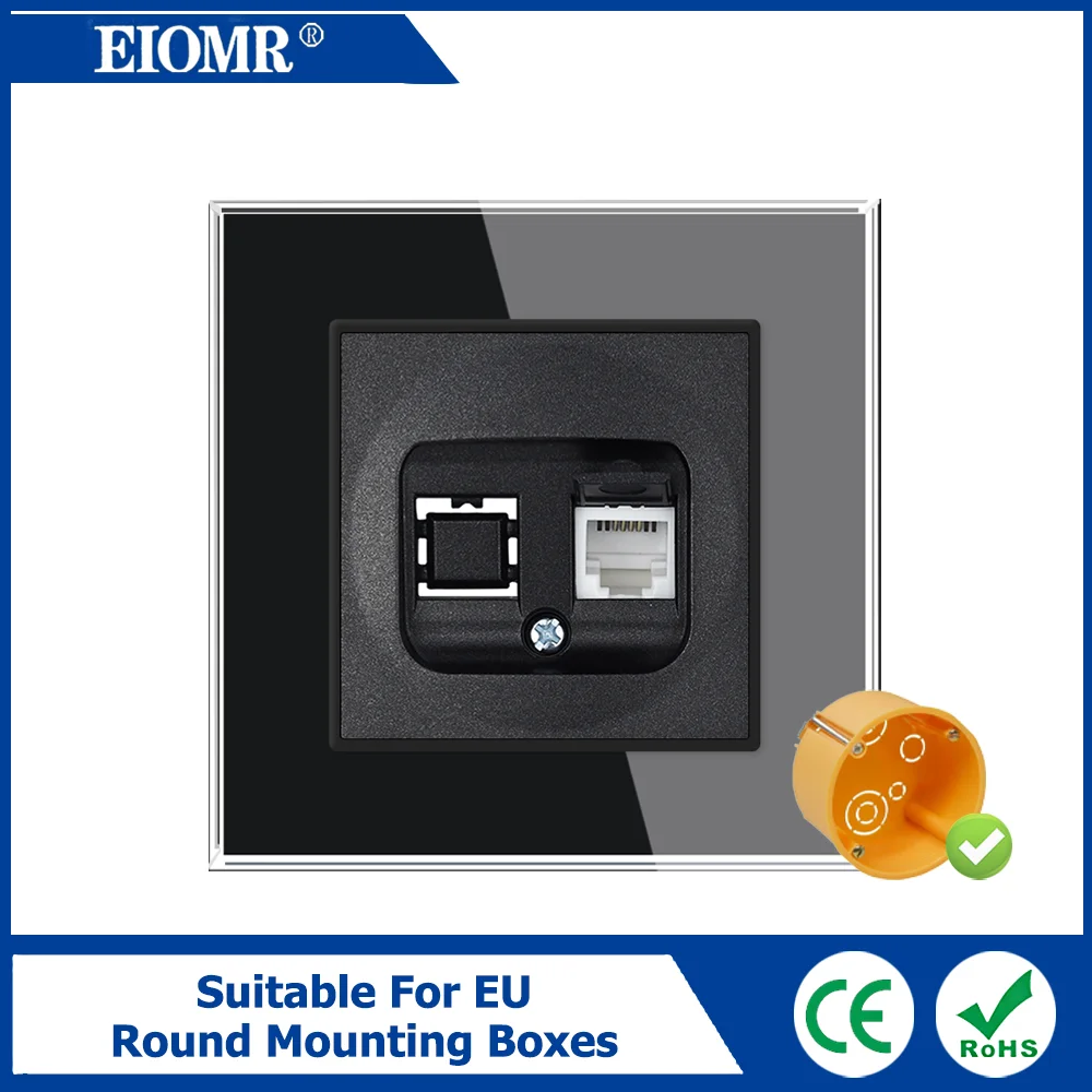 EU Internet RJ45 Cat 6 Розетка для передачи данных Черная хрустальная стеклянная панель Стандартный выключатель питания с железным когтем Подходит для круглой коробки