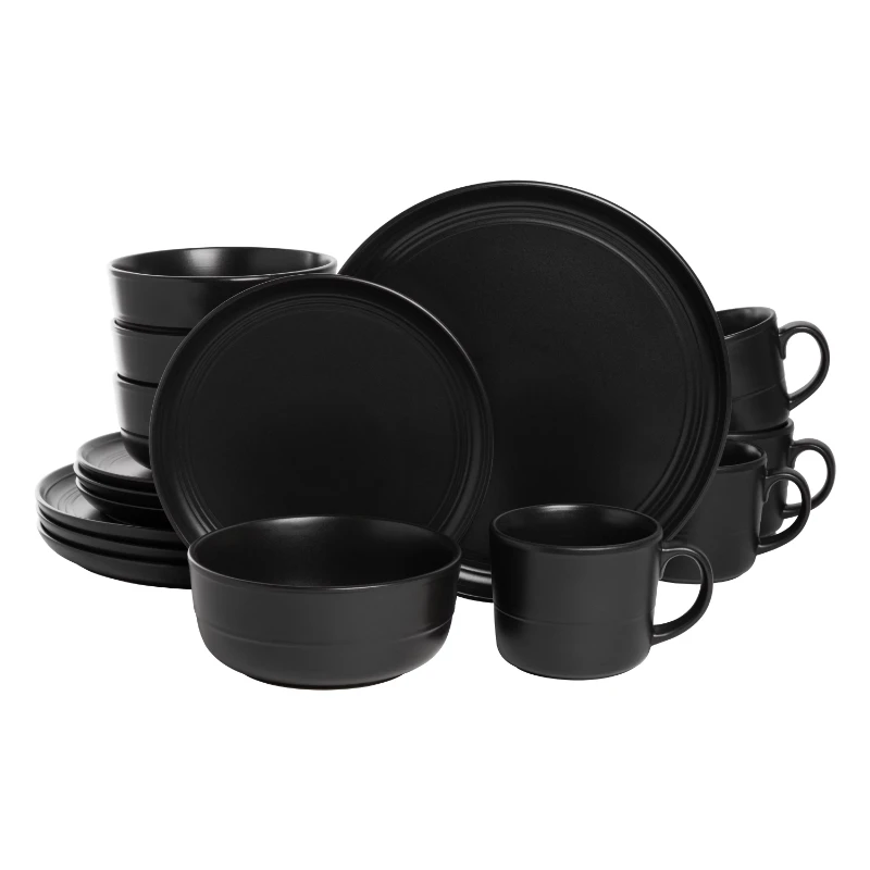 

Double Line 16 Piece Stoneware Dinnerware Set, Matte Black