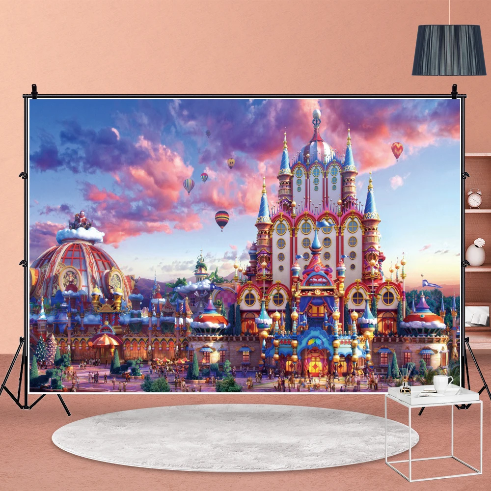 

Colorful Castle Purple Sunset Amusement Park Backdrop Children Birthday Party Decoration Photo Backgrounds Table Poster Booth