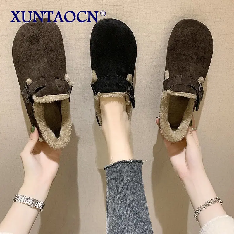 

2022 New Solid Color Short Boots Buckle Strap Women Shoes Furry Plush Slip-on Flat Footwear Winter Warm Booties Female Snow Boot