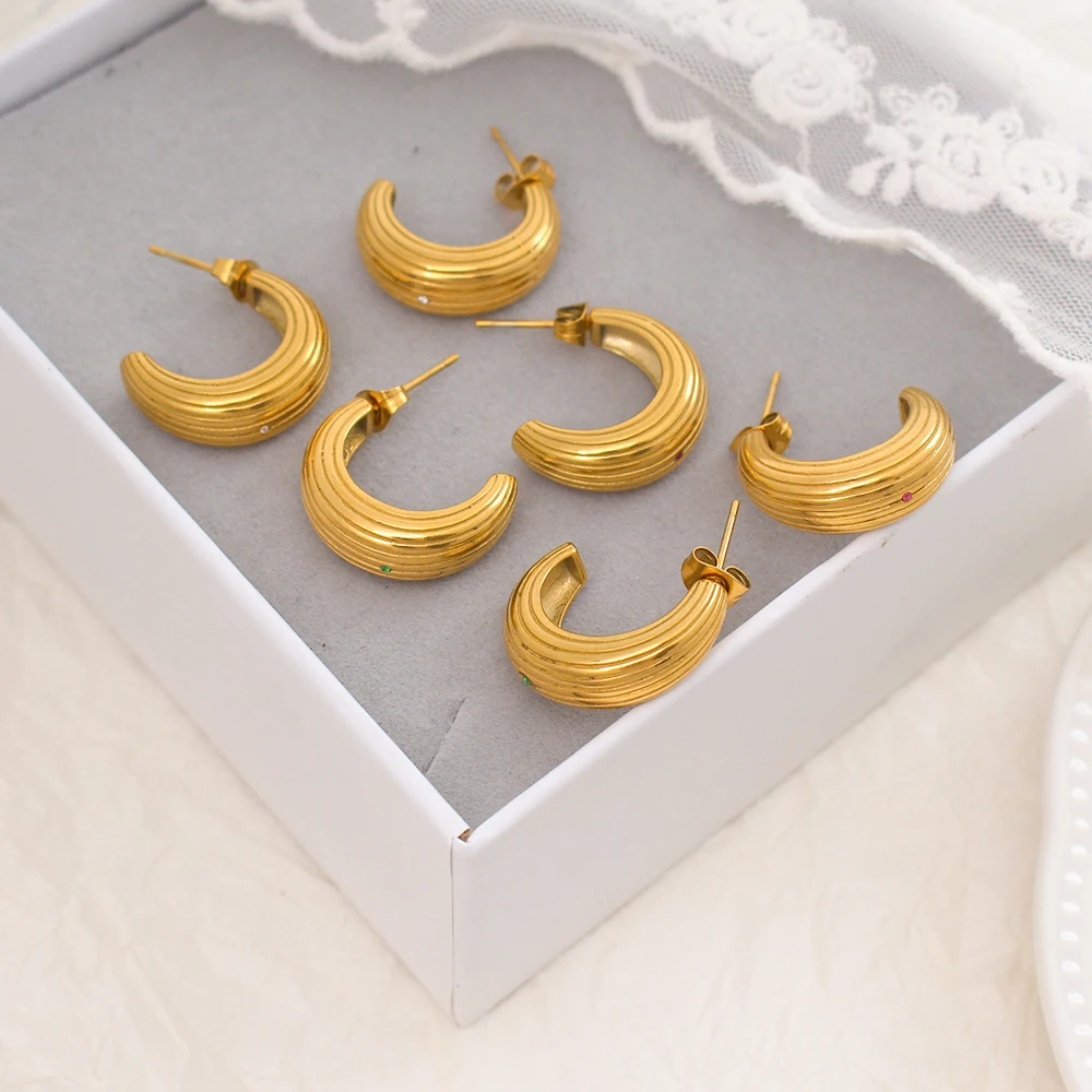 

New Trendy Gold Plated Stainless Steel Hoop Earrings Zircon Inlaid Luxury Design for Women's Wedding Dating