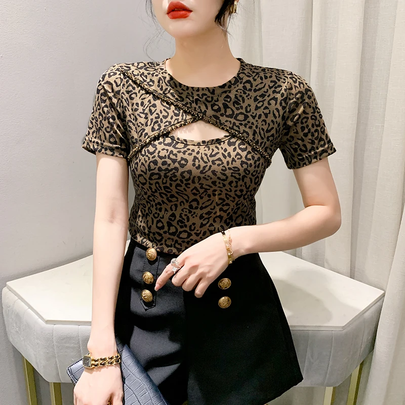 

2023 New Summer Leopard T-Shirt Chic Sexy O-Neck Patchwork Hollow Out Beading Women's Tops Short Sleeve Drilling Hot Tees 33020