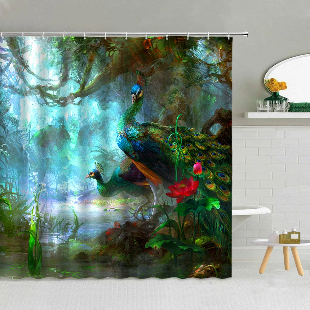 

Peacocks Forest Shower Curtain Watercolor Flower Lotus Plant Fish Polyester Fabric Bathroom Supplies With Hooks Cloth Curtains