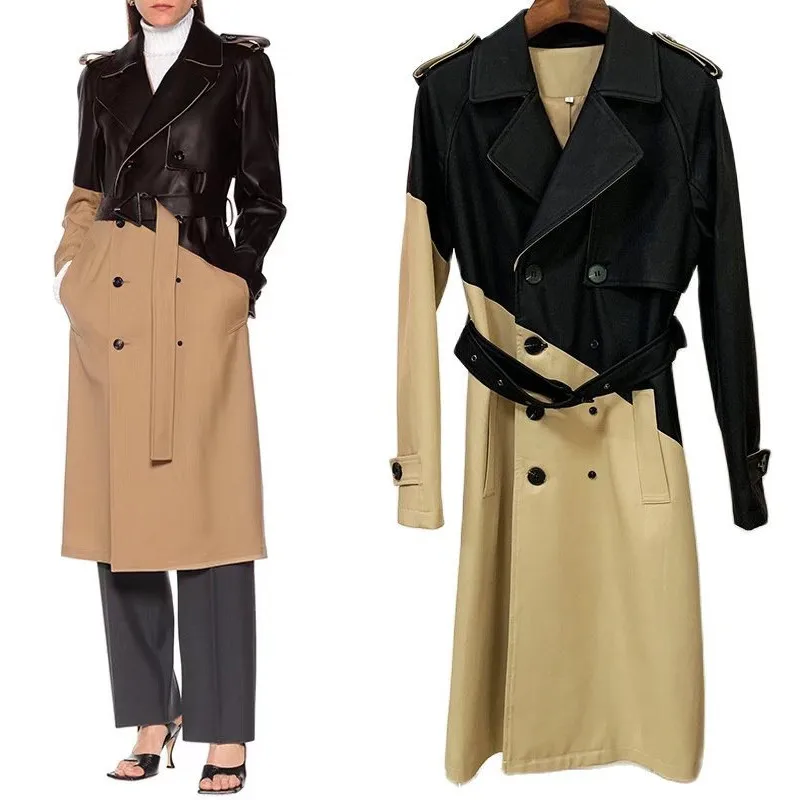 

Женская кожаная ветровка до колен, Повседневная Лоскутная Ветровка цвета хаки со шнуровкой на талии, новинка весны 2023