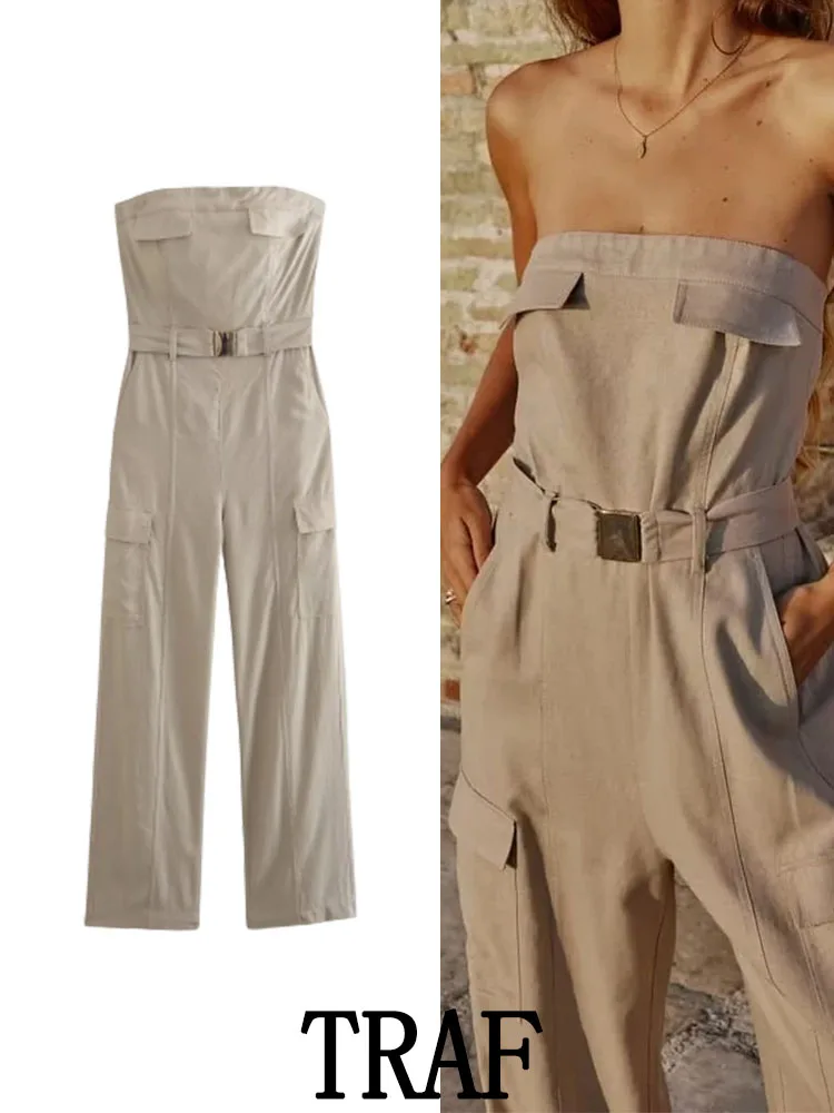

TRAF 2023 Woman Pocket Work Style Long Jumpsuits Fashion Sleeveless With Belt Vintage Causal Spring Summer Slim Playsuit Tops