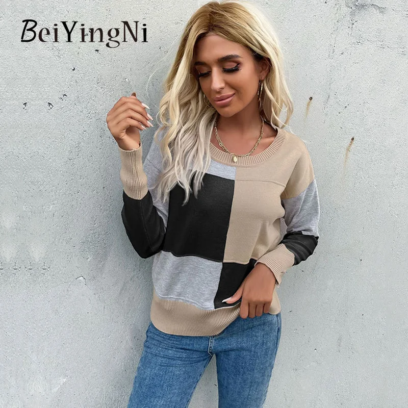 

Beiyingni 2022 Casual O-neck Sweater Women's Spell Color Long Sleeve Loose Female Pullover Fashion Autumn Winter Knitting Jumper