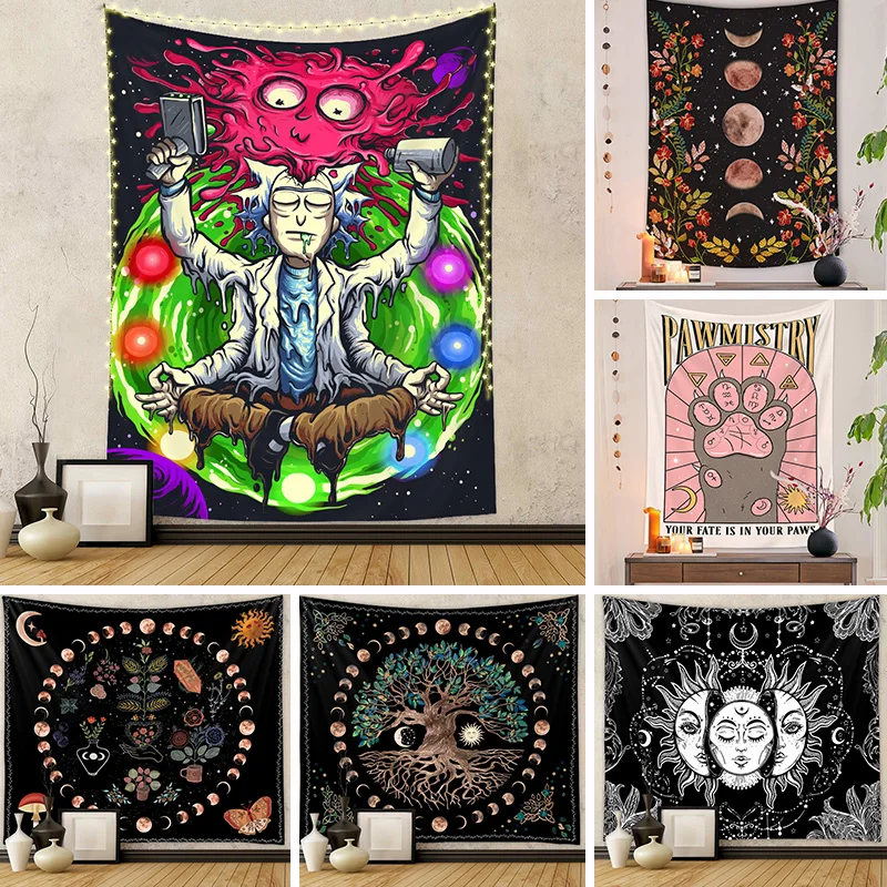 

Bohemian Black Polyester Hanging Tapestry Floral Background Cloth Life Tree Wall Hanging Carpet Tapestries Bedroom Decoration