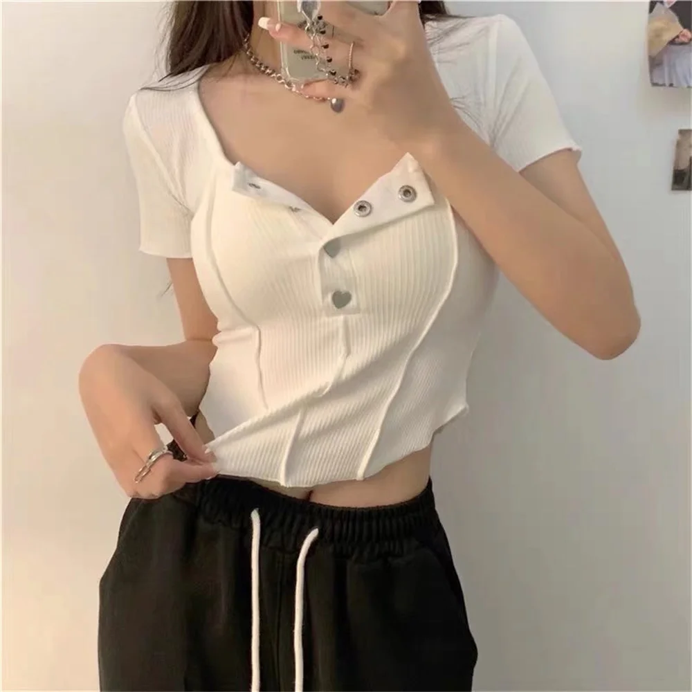 

Summer new street casual style solid color round neck short-sleeved T-shirt women's stretch all-match short pullover T-shirt Ms