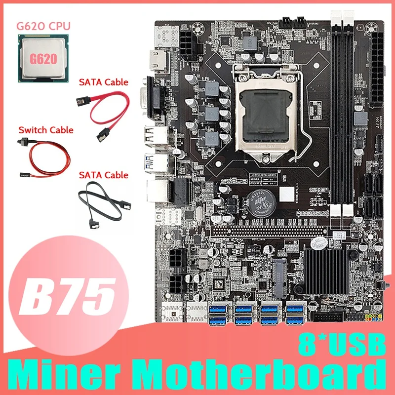 

B75 ETH Mining Motherboard 8XPCIE To USB+G630 CPU+2XSATA Cable+Switch Cable LGA1155 MSATA DDR3 B75 USB Miner Motherboard