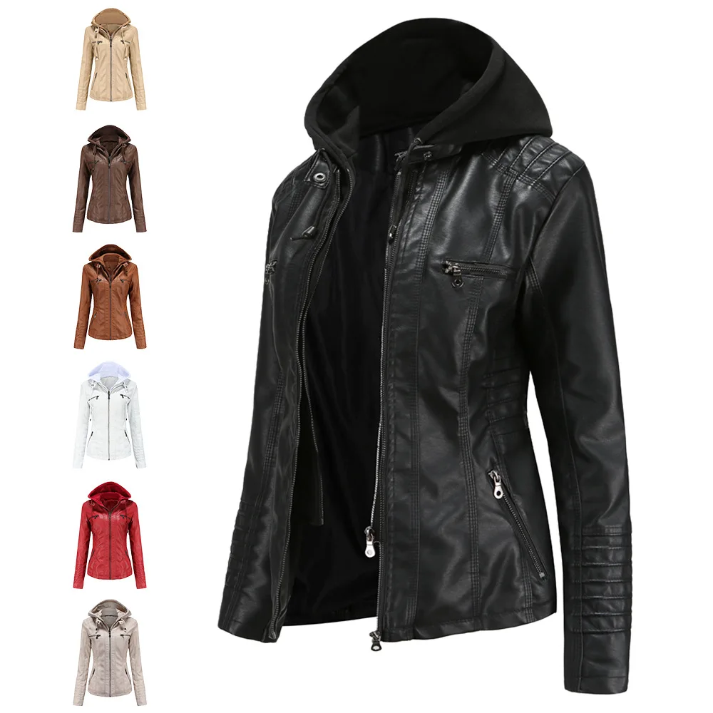 

Women's Hooded Leather Jacket Women's Detachable Coat PU Leather Jacket