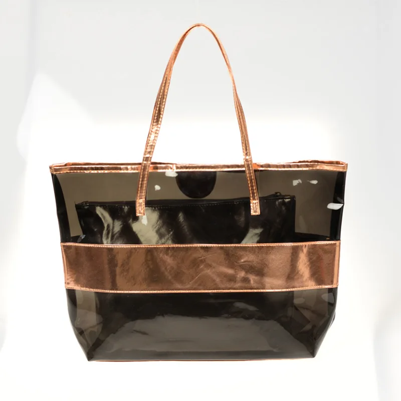 Women Pvc Transparent Bag Jelly Clear Beach Bags Handbag Women Big Tote Shoulder Bag Luxury Female Shopping Bags Silver