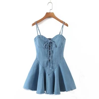 sexy lady jeans dress 2022 summer spaghetti strap lace up bandage seeveless dresses women blue mini denim dress
