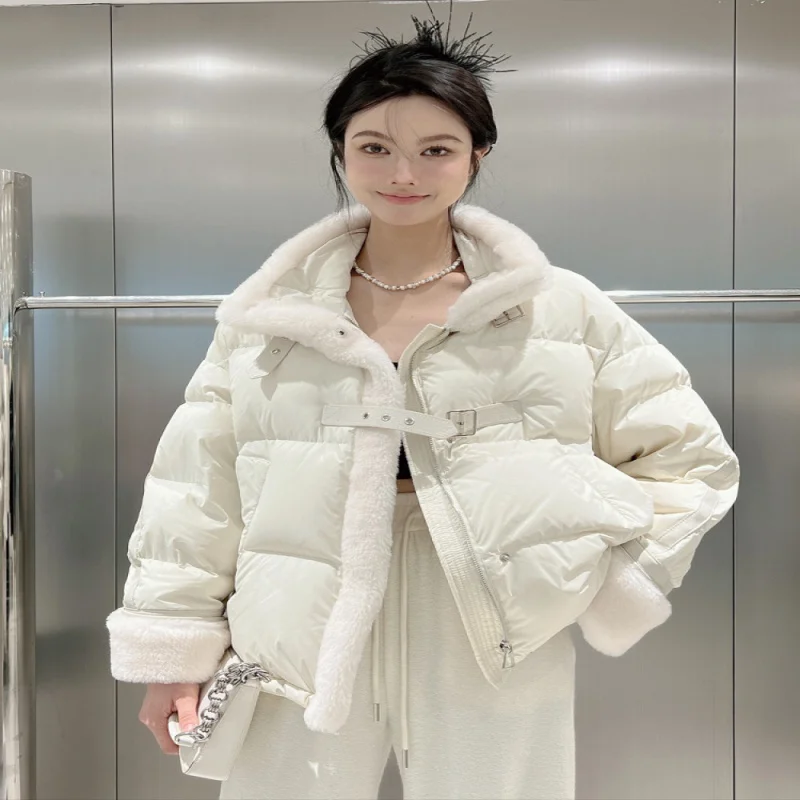 

Женское короткое пальто с воротником-стойкой, плотное свободное повседневное пальто белого цвета, зима 2023