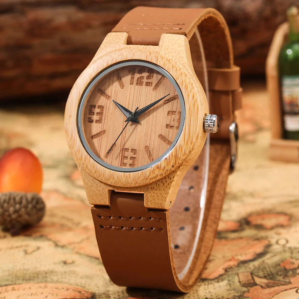 

Fashion Classic Women Wooden Watches Quartz Arabic Numerals Dial Leather Strap Elegant Ladies Watches Best Gift Reloj De Mujer
