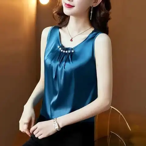 Women Satin Blouses Elegant Long Sleeve Silk Tops Pearl Stand Collar Female Office Shirts Solid Casual Blusas