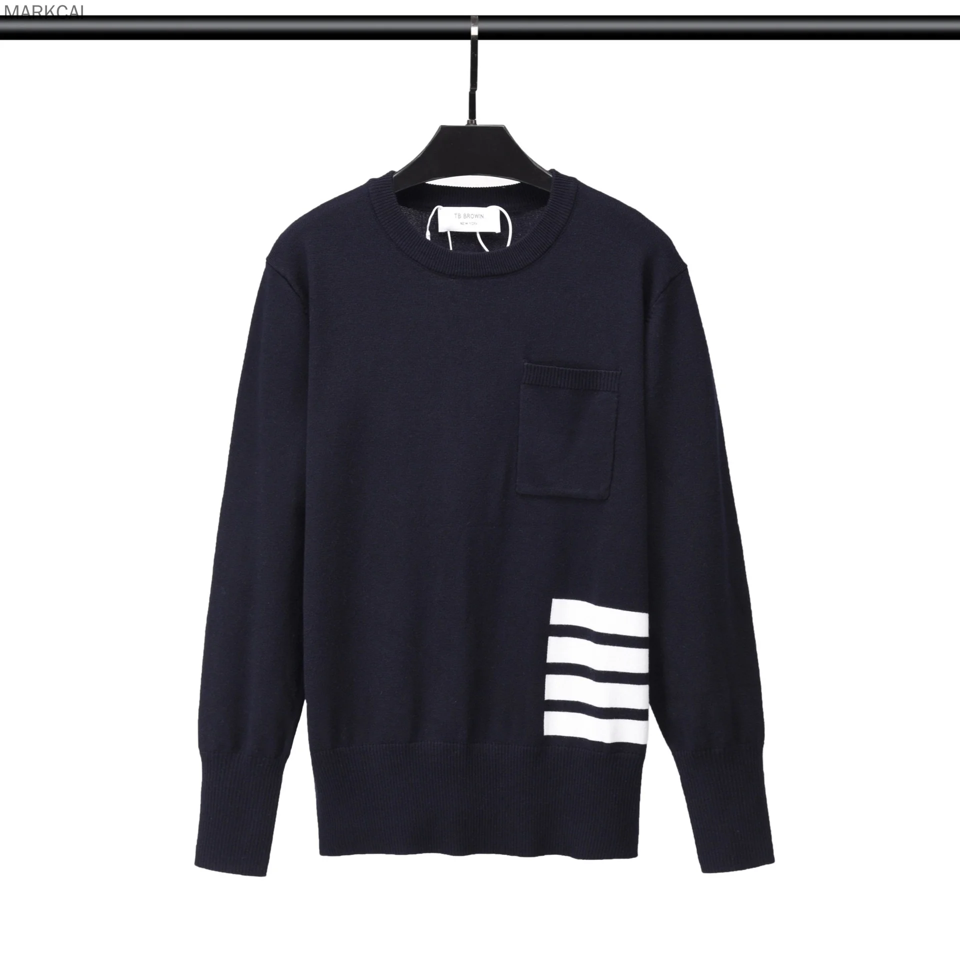 2022 Autumn Men Sweater Long Sleeve Pullover Casual Knitted O-Neck Korean Style Striped Small Pocket High Quality