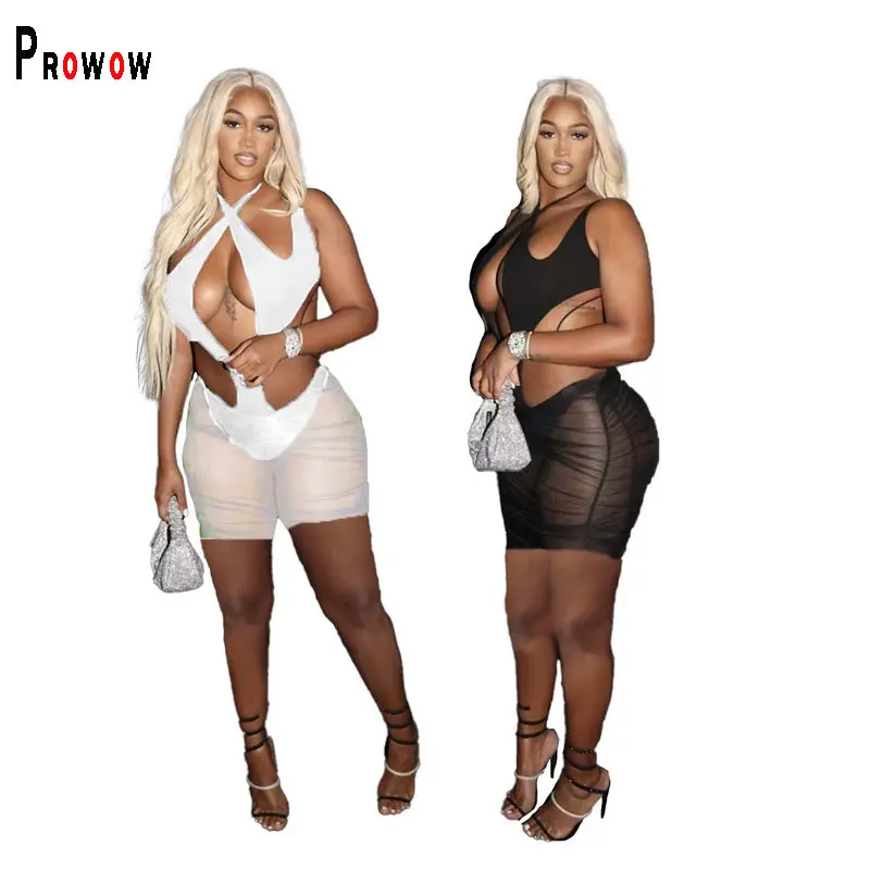 

Сексуальные женские костюмы из двух предметов Prowow, боди с лямкой на шее, сетчатые шорты, летний женский комплект одежды, одежда для ночного клуба