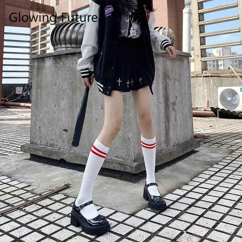 New Women Stockings Kawaii Two Bars Striped Knee Socks Japanese Fashion College Style Baseball Sokken Cute Socks Causal Long Sox