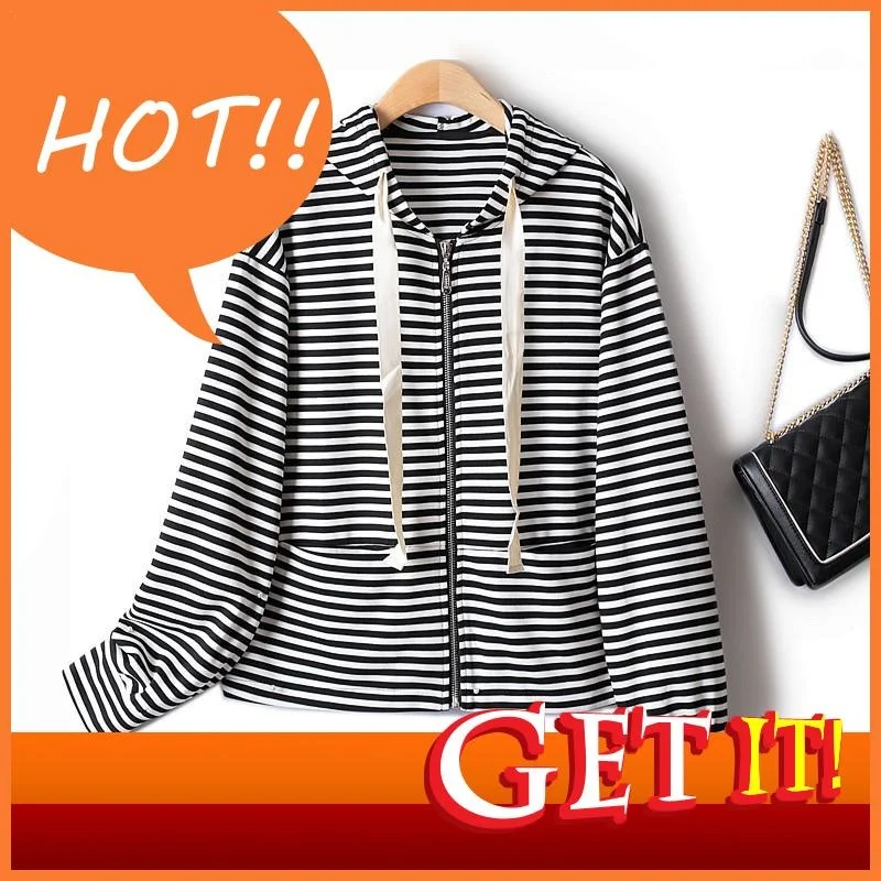 

Women Classic Jackets For 2023 Autumn New Hooded Horizontal Pinstripe Straight Short Jacket Slim Korean Style Stretch Knit Top