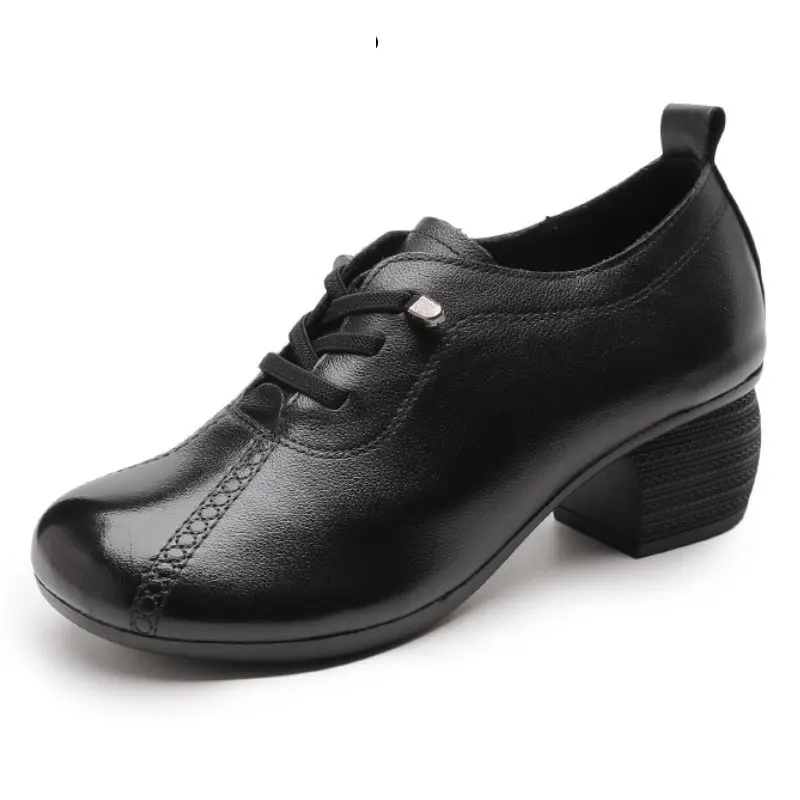 

5cm Natural Genuine Leather Pumps Spring Autumn Women Work High Heels Soft Sole Females Heeled Slip Ons Girl Work Shoes