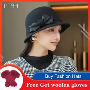 [PTAH] Fedora Hat For Women Temperament Elegant Church Autumn Winter New Women's Bow Hat 100% Wool High Quality Wedding Top Hat