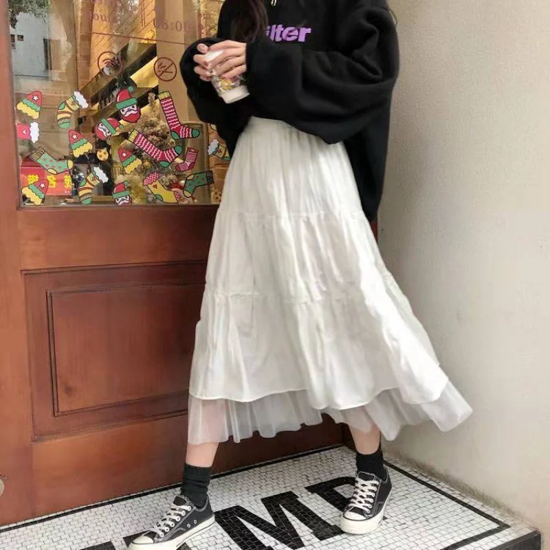

Long Tulle Midi Skirts Women Elastic High Waist Ruffles Beach Mesh Pleated Skirts Female Black White Long Skirt Streetwear