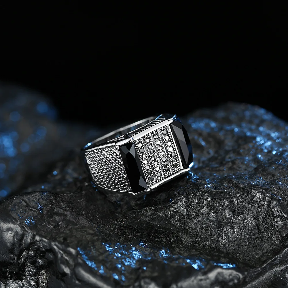 

VIMIO size8 9 10 11 simple alloy inlaid zircon geometric wide face ring men's cool black gemstone ring trend jewelry accessories