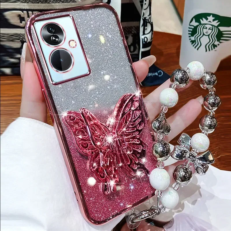Фото 3D Butterfly Phone Holder Bead bracelet Glitter Case for Motorola Moto G85 G 85 G84 G83 G04 G14 G24 G34 G54 G73 E14 Stand Cover №2