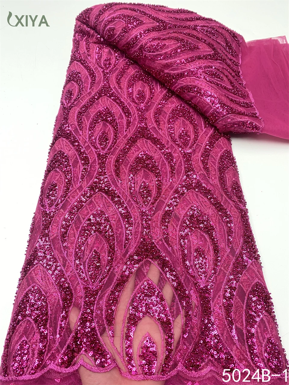 

XIYA LACE Nigerian Beads Lace Fabric 2022 Magenta Beaded Lace French Tulle Laces Embroidery Beaded Net Lace Fabric APW5024B