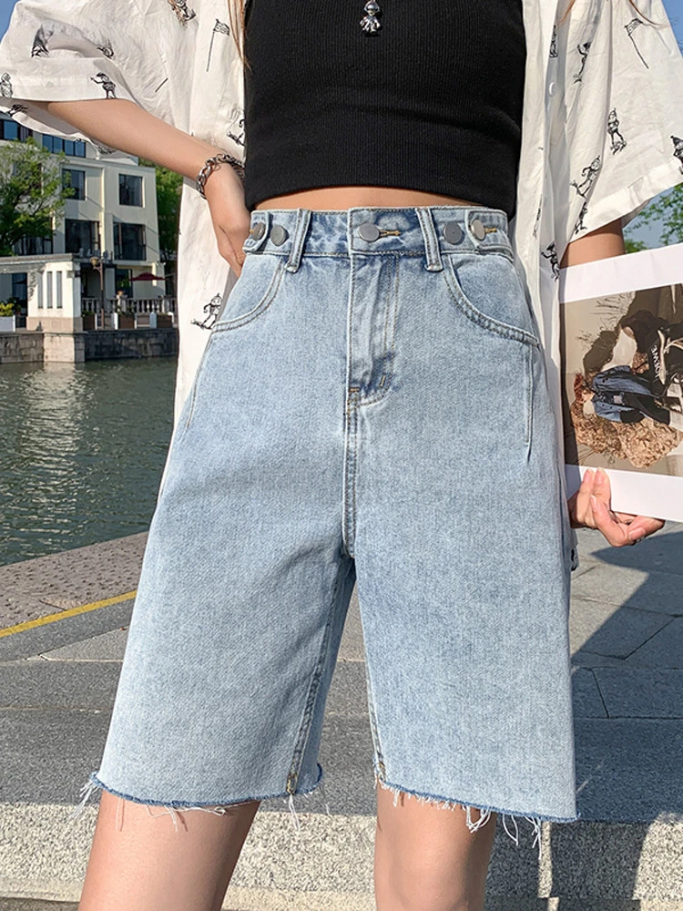 

Chic Ripped Holes Denim Shorts for Women Summer High Waist Loose Female Wide Leg Shorts
