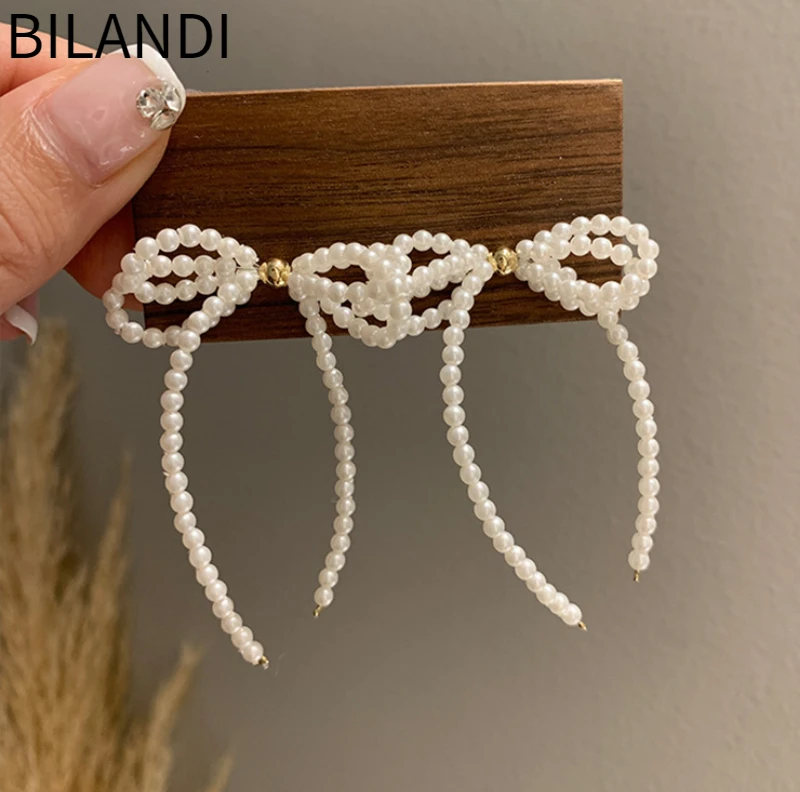 

Bilandi Fashion Jewelry 925 Silver Needle Simulated Pearl Bowknot Drop Earrings For Girl Female Gift Sweet Korean Temperament